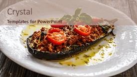  Presentation with meat - Slide set having roasted-aubergine-stuffed-with-minced background and a coral colored foreground