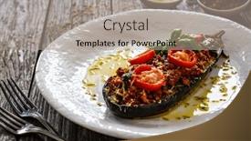  Presentation with meat - Theme featuring roasted-aubergine-stuffed-with-minced background and a coral colored foreground