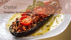  Presentation with meat - Slide deck having roasted-aubergine-stuffed-with-minced background and a coral colored foreground