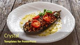  Presentation with meat - Presentation design featuring roasted-aubergine-stuffed-with-minced background and a  colored foreground