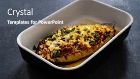  Presentation with meat - Slide deck with roasted-aubergine-stuffed-with-minced background and a gray colored foreground