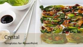  Presentation with seeds - Cool new theme with roasted baby bok choy with spicy sauce and sesame seeds backdrop and a yellow colored foreground