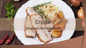  Presentation with pork bacon - Audience pleasing slide set consisting of roasted bacon or pork belly with potato and sauerkraut backdrop and a coral colored foreground