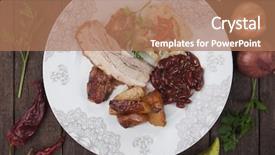  Presentation with pork bacon - Colorful presentation design enhanced with roasted bacon or pork belly with sauerkraut kidney beans and baked potato backdrop and a coral colored foreground