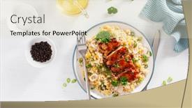  Presentation with bbq chicken - Presentation theme having roasted bbq chicken with quinoa sweetcorn onion healthy lunch background and a soft green colored foreground
