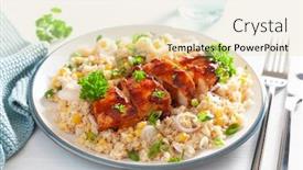  Presentation with bbq chicken - Colorful PPT layouts enhanced with roasted bbq chicken with quinoa sweetcorn onion healthy lunch backdrop and a soft green colored foreground