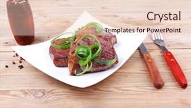  Presentation with meat beef - Cool new presentation design with roasted beef meat strips steak on white ceramic plate with hot dry pepper on wood table backdrop and a lemonade colored foreground