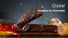  Presentation with steaks - Colorful presentation design enhanced with roasted-beef-steaks-served backdrop and a dark gray colored foreground