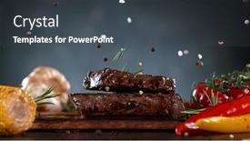  Presentation with steaks - Colorful presentation theme enhanced with roasted-beef-steaks-served backdrop and a ocean colored foreground