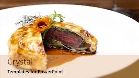  Presentation with international food - PPT theme having roasted-beef-wellington-with-gravy background and a yellow colored foreground