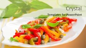  Presentation with chocolates pepper - Slide deck having roasted-bell-pepper-salad background and a yellow colored foreground