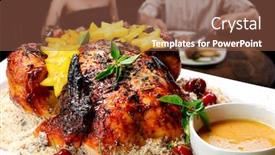  Presentation with food bbq - Cool new slide deck with roasted-chicken-bbq-meat-food backdrop and a tawny brown colored foreground