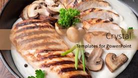  Presentation with roasted chicken - Presentation design enhanced with roasted-chicken-fillet-and-mushrooms background and a coral colored foreground