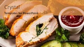  Presentation with roasted chicken - Slide deck having roasted chicken fillet and vegetables background and a gold colored foreground