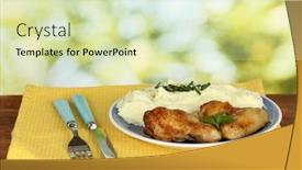  Presentation with roasted chicken - Slide set with roasted chicken leg with mashed potato in the plate on wooden table on bright background close-up background and a soft green colored foreground