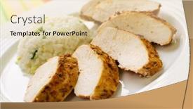  Presentation with roasted chicken - Presentation consisting of roasted chicken meat with white rice and vegetables background and a lemonade colored foreground