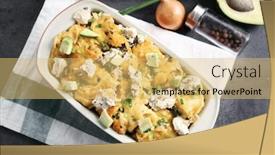  Presentation with roasted chicken - Slide deck enhanced with roasted chicken with cheese in casserole dish on kitchen table background and a yellow colored foreground