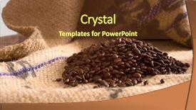  Presentation with trademark - Audience pleasing presentation theme consisting of roasted coffee beans lying on top of a brown burlap coffee bean transportation bag writing on bag says produce of rawanda and is not a trademark backdrop and a tawny brown colored foreground