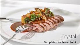  Presentation with white plate - PPT theme featuring roasted-duck-breast-with-potato background and a  colored foreground
