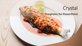  Presentation with fish shumay - PPT theme having roasted fish in the restaurant background and a lemonade colored foreground