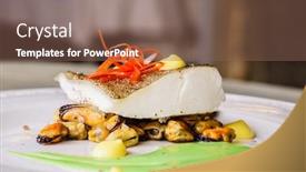  Presentation with steak - Audience pleasing presentation theme consisting of roasted-fish-steak-with-mussels backdrop and a violet colored foreground