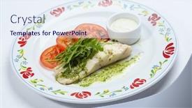  Presentation with sauce - Presentation design with roasted-fish-with-salad background and a sky blue colored foreground