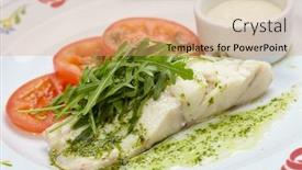  Presentation with sauce - Colorful presentation theme enhanced with roasted-fish-with-salad backdrop and a coral colored foreground