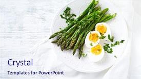  Presentation with green plate - Presentation consisting of roasted green asparagus and boiled background and a sky blue colored foreground