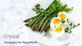  Presentation with green plate - Presentation design having roasted green asparagus and boiled eggs with fresh herbs on a plate background and a sky blue colored foreground