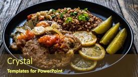  Presentation with cucumbers - Beautiful slides featuring roasted-meat-buckwheat-and-pickled backdrop and a tawny brown colored foreground