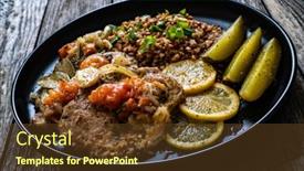  Presentation with cucumbers - Colorful PPT layouts enhanced with roasted-meat-buckwheat-and-pickled backdrop and a tawny brown colored foreground