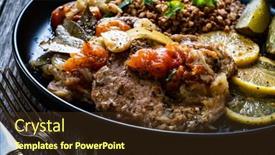  Presentation with cucumbers - Audience pleasing theme consisting of roasted-meat-buckwheat-and-pickled backdrop and a tawny brown colored foreground