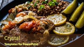  Presentation with cucumbers - Slide set consisting of roasted-meat-buckwheat-and-pickled background and a tawny brown colored foreground