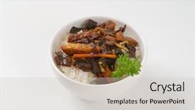  Presentation with noodles - PPT theme enhanced with roasted meat ear mushrooms and rice noodles background and a soft green colored foreground