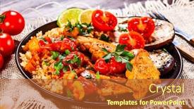  Presentation with meat - Presentation design featuring roasted-meat-groats-and-vegetables background and a red colored foreground