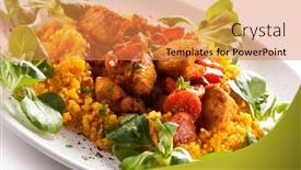  Presentation with pearl - PPT theme consisting of roasted meat with pearl barley and vegetables on white background background and a gold colored foreground