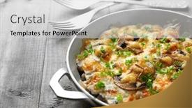  Presentation with roasted chicken - Amazing presentation theme having roasted mushrooms chicken and cheese gratin in pan on wooden background backdrop and a light gray colored foreground