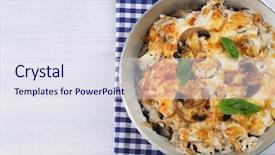  Presentation with roasted chicken - Theme having roasted mushrooms chicken and cheese gratin in pan on wooden background background and a sky blue colored foreground