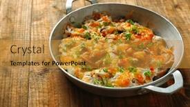  Presentation with roasted chicken - PPT layouts featuring roasted mushrooms chicken and cheese gratin in pan on wooden background background and a gold colored foreground