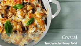  Presentation with roasted chicken - Presentation design consisting of roasted mushrooms chicken and cheese gratin in pan on wooden background background and a gray colored foreground