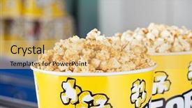  Presentation with cinema film processing - Audience pleasing slide set consisting of roasted popcorns filled in bucket backdrop and a yellow colored foreground