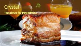  Presentation with pork shredded on grill banana - Theme having roasted pork belly with gravy background and a tawny brown colored foreground