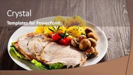  Presentation with wooden - PPT layouts with roasted-pork-ham-champignons background and a gray colored foreground