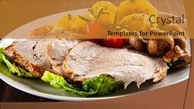  Presentation with wooden - Audience pleasing PPT theme consisting of roasted-pork-ham-champignons backdrop and a gold colored foreground