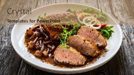  Presentation with fresh fruits and leafty greens - Theme with roasted-pork-loin-with-shimeji background and a coral colored foreground