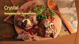  Presentation with wooden board for oktoberfest - PPT theme with roasted quails on cutting board background and a tawny brown colored foreground