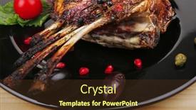  Presentation with ribs - Cool new presentation theme with roasted ribs on black plate on wooden table shallow dof backdrop and a tawny brown colored foreground