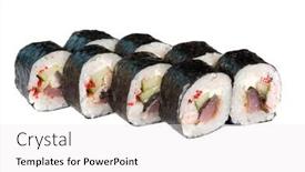  Presentation with fish tuna - Presentation design consisting of roasted roll with tuna fish cucumber and tobiko on white background and a white colored foreground
