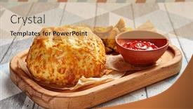  Presentation with fast food - Presentation design consisting of roasted-round-cheese-loaf background and a coral colored foreground