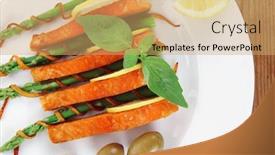  Presentation with orange green white - Colorful presentation design enhanced with roasted salmon slices with asparagus lemon fried orange peel green olives and cutlery on white plate over wooden table backdrop and a coral colored foreground